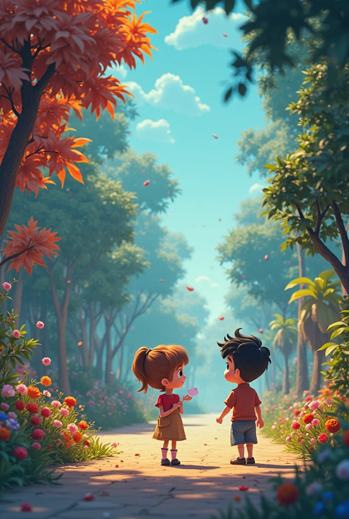 Boy and girl in a park talking