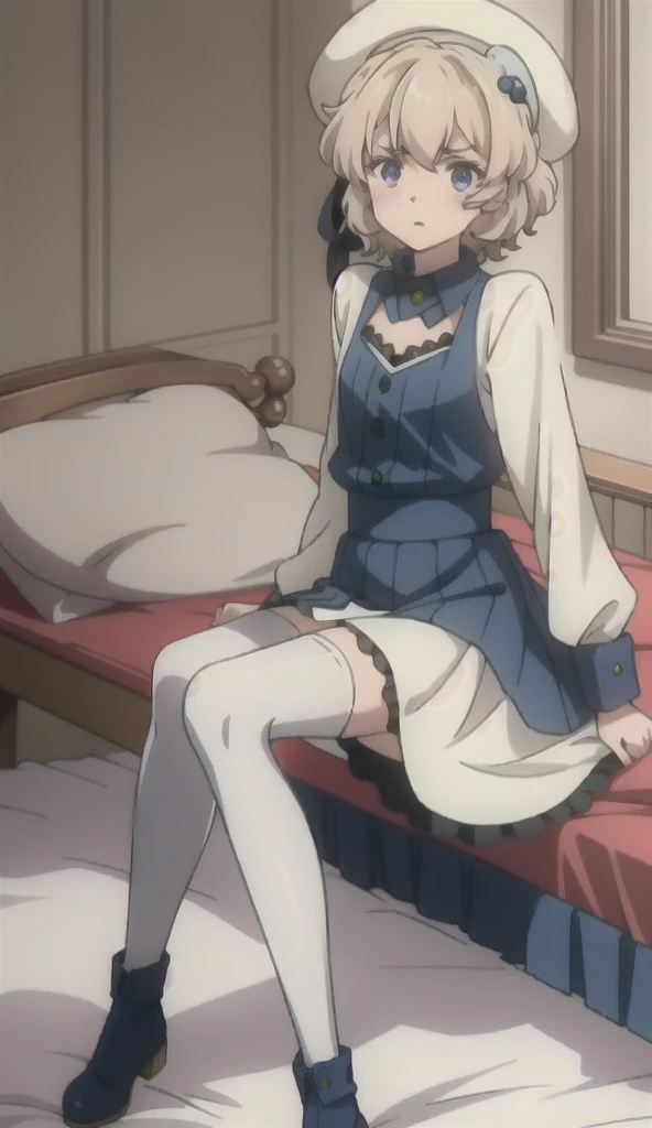 blue dress, white ribbon, white sleeves, long sleeves, White shirt, norn black shirt_gray rat,hits, by rubio,wide,Yellow green eyes,He drowned,Side locks,blunt hits hair flaps,low ponytail, score_9, score_8_above, score_7_above, score_6_above, score_5_above, score_4_above, BREAK,1 girl in full growth, Best Quality, Masterpiece, ultra detailed, high quality,Good quality,1 girl,(Masterpiece,high resolution, ultra detailed,8k,16k), inside, on side, blush, Alone, dutch angle, turn to the viewer, bewitching thighs, brown boots, white socks, Thighs, low angle, white panties, secret filming, crotch shot, turn your back, embarrassed face