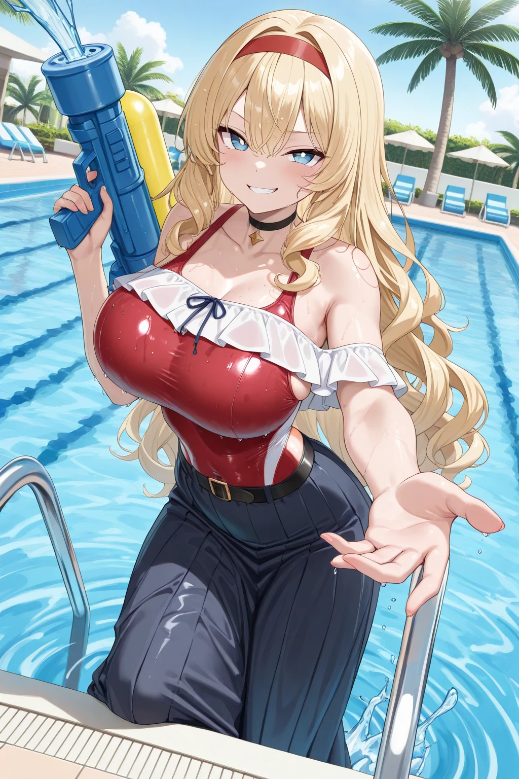 Imperial Guard Combat Uniform Swimsuit, o-ring bikini, v gundam, swimsuit, absurdres, highres, solo, cowboy shot, 1girl, neneka nibrou \(cosplay\), wristband, headphone, holster, backpack, holding gun, aiming, perfect hands, wind, (highres,best_quality,masterpiece), large breast, huge breast, princess pride, girl, blonde wavy hair, blue eyes, long hair, lipstick, mature, (((lying down on water, water, lying down)))