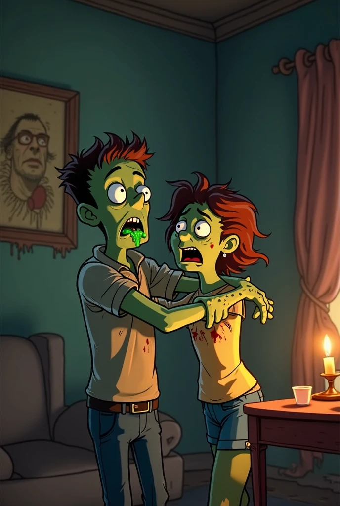 Anime depiction of a man and a woman, A man with a zombie face, A still from an animated horror film, menacing!, Highly detailed, Dark!, Zombies in horror concept art, Nightmare illustration, Author: Shingei, night time!, The man scared the girl