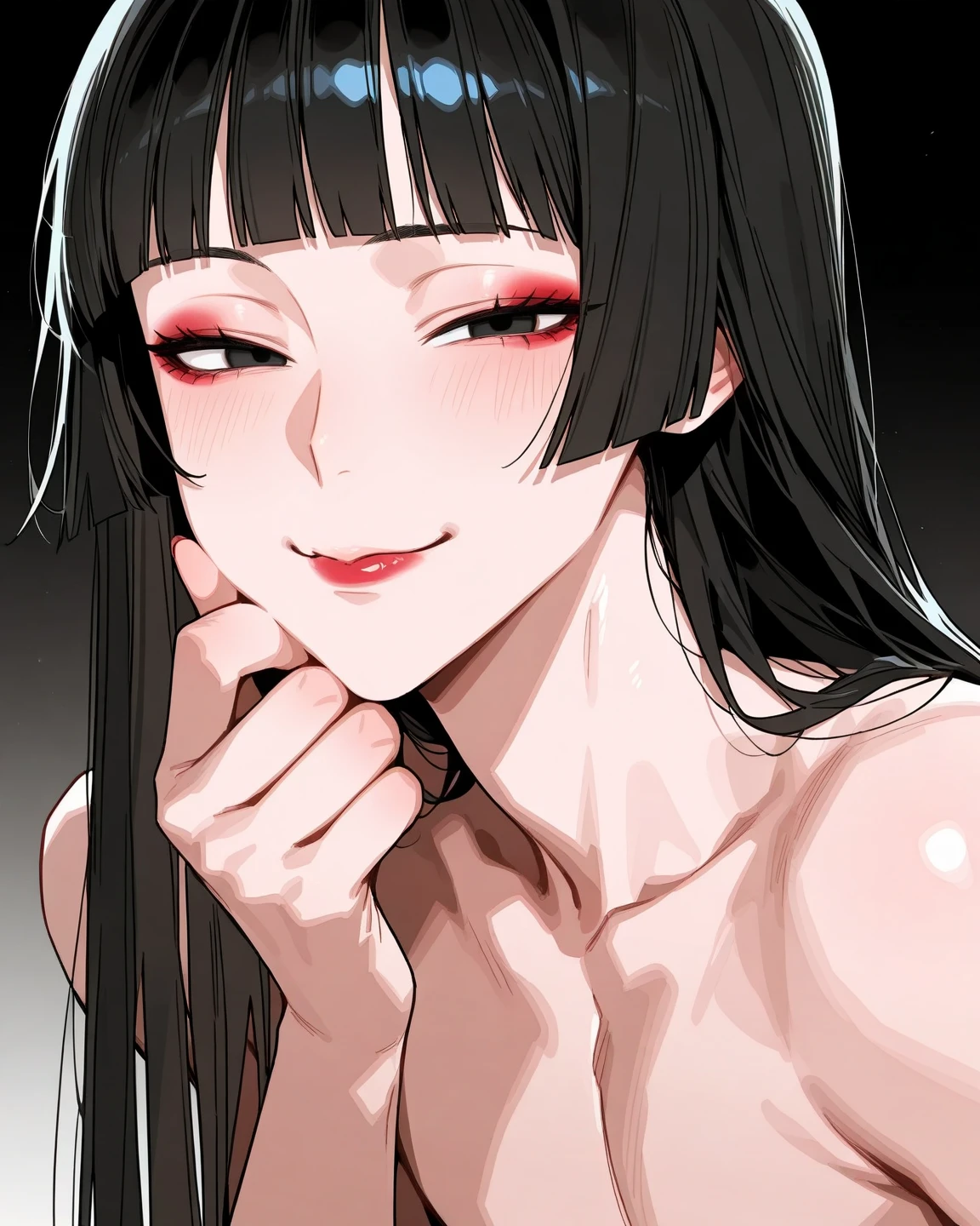 16 year old girl measuring 177cm black hair with long hair and sharp red eyes and a bad temper 