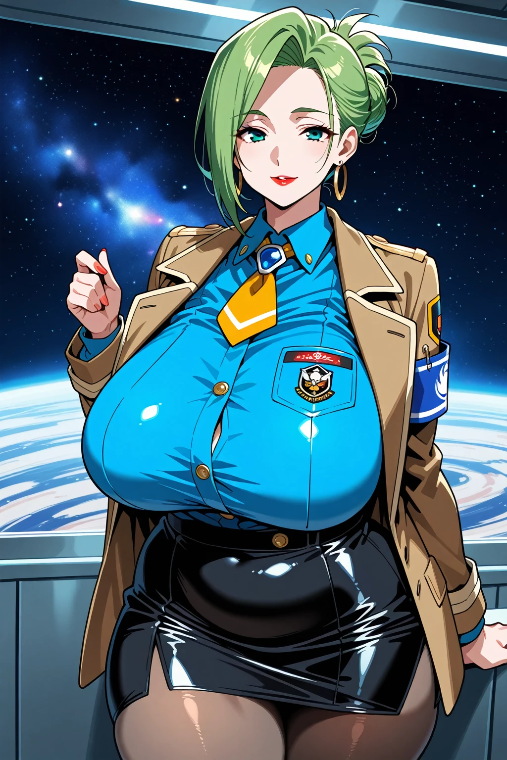 (Female anthro cow), Tomboy, pretty face, human nose, space station background, thin body, slim, fit, cow horns, dark blonde hair, tomboy pixie cut, blue eyes, huge breasts, adjatha, utility belt, cropped jacket, black tanktop, jean pants, SFW, buff, muscled, bodybuilder, big bulge in pants, thong straps coming out of pants, #petite, sweating