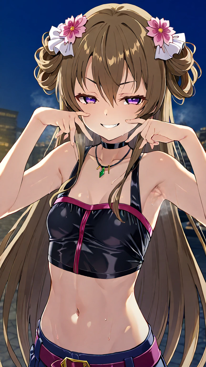 Primary school students、、Long Hair、Small breasts、Small breasts、Body Type、Nipples、Embarrassing、Red face、smile、Sweat on my cheeks、((spy、Bodysuits、Fishnet tights))、City of night、rooftop、Combat pose、8-year-old 、Realistic body