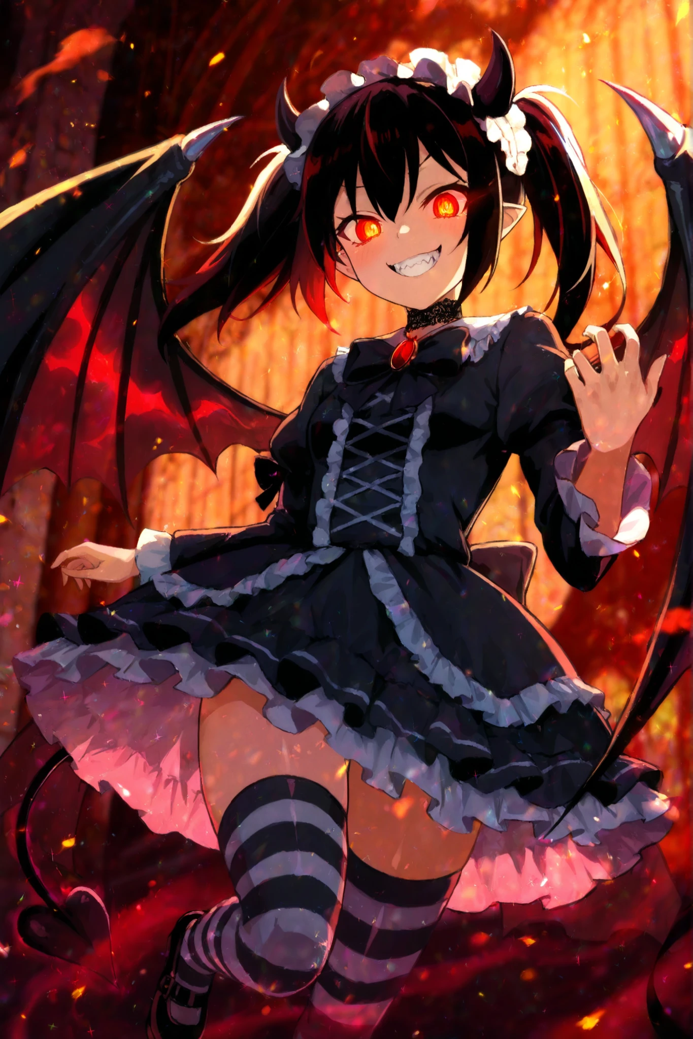 masterpiece, best quality, amazing quality, aesthetic, highres, beautiful lighting, solo, little devil girl, impish expression, small black horns, bat wings, sharp fangs, tail with heart tip, red glowing eyes, gothic lolita outfit, black frilly dress, striped thighhighs, lace choker, mischievous grin, dark magical aura, sparkles, dynamic pose, floating midair, fire and embers, glowing symbols, moody backlight, detailed face, perfect anatomy, dramatic shading, studio trigger (style), tetsuya taira (style), sharp cel-shading, intense highlights