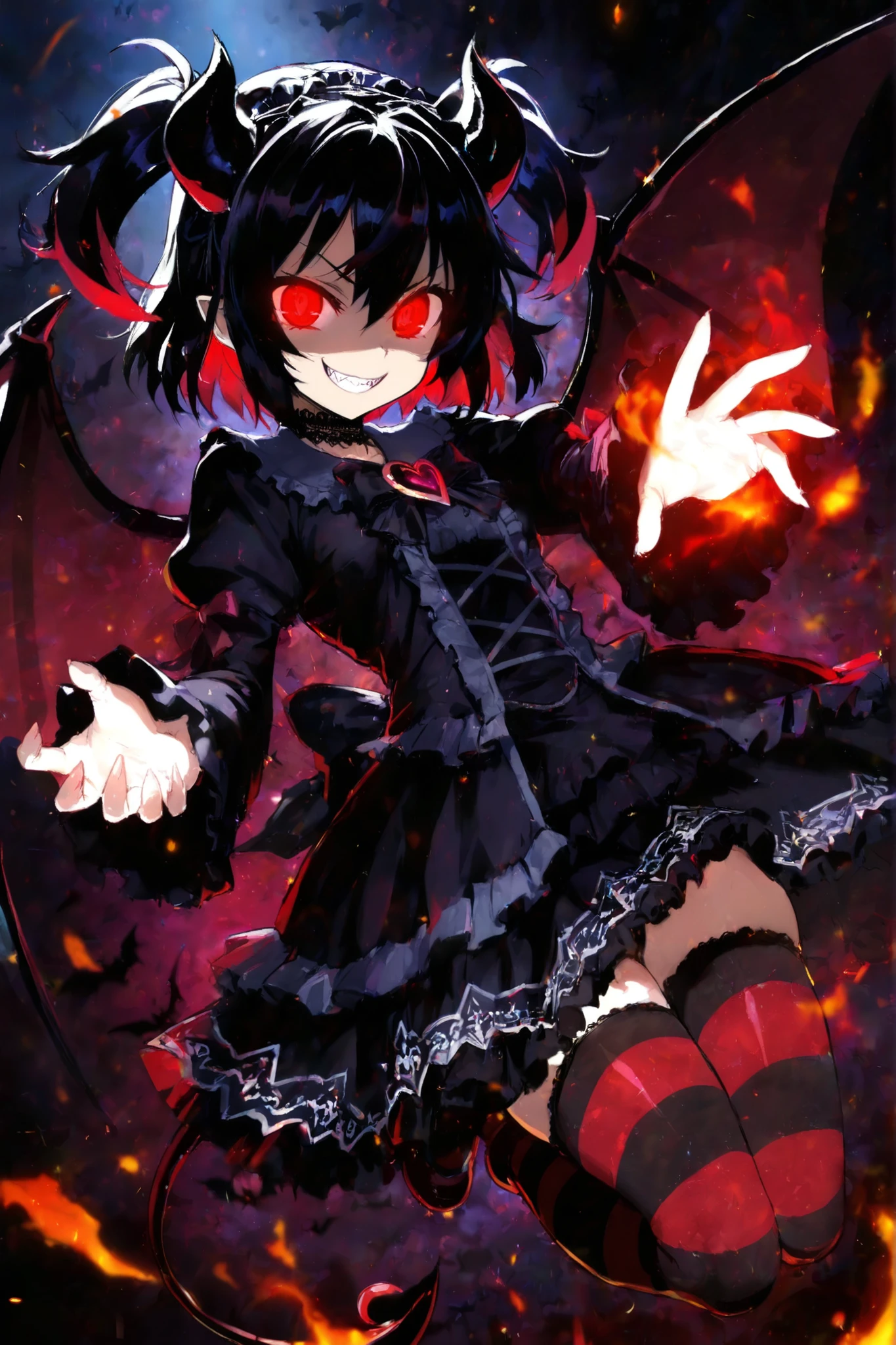 masterpiece, best quality, amazing quality, aesthetic, highres, beautiful lighting, solo, little devil girl, impish expression, small black horns, bat wings, sharp fangs, tail with heart tip, red glowing eyes, gothic lolita outfit, black frilly dress, striped thighhighs, lace choker, mischievous grin, dark magical aura, sparkles, dynamic pose, floating midair, fire and embers, glowing symbols, moody backlight, detailed face, perfect , dramatic shading, studio trigger (style), tetsuya taira (style), sharp cel-shading, intense highlights