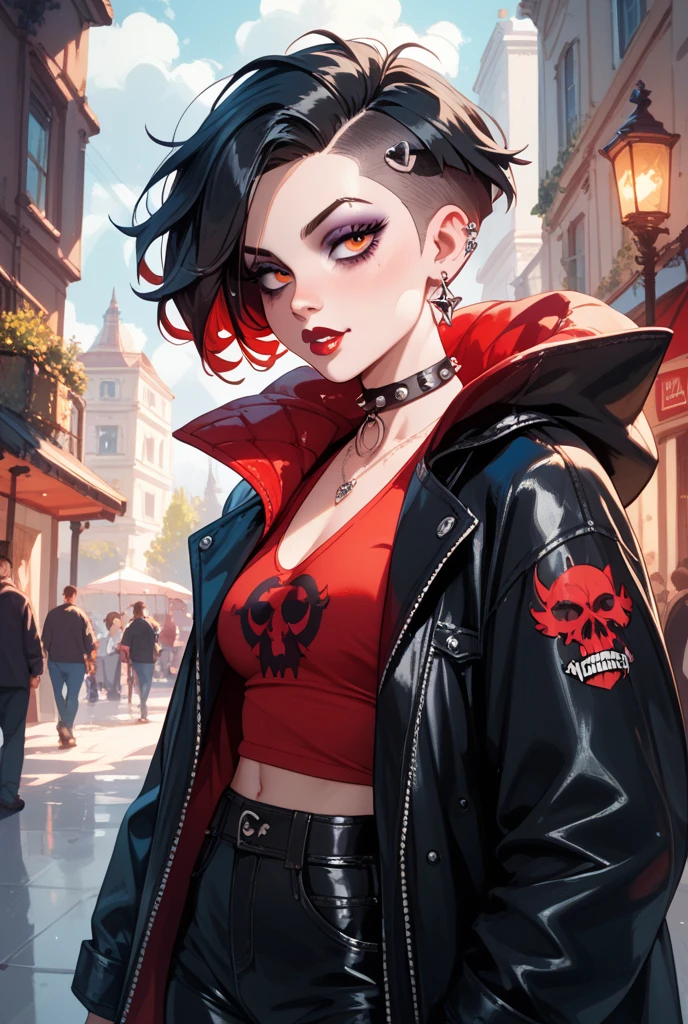 a woman with short black hair, hair on shoulders,  wearing a red cropped  and plaid skirt, blue eyes, zombie art, gothic art, cute aesthetic with vibe, toon aesthetic, wearing red costume, wearing gothic accessories, look like Cassie Hack, upper body, red background, smoking
