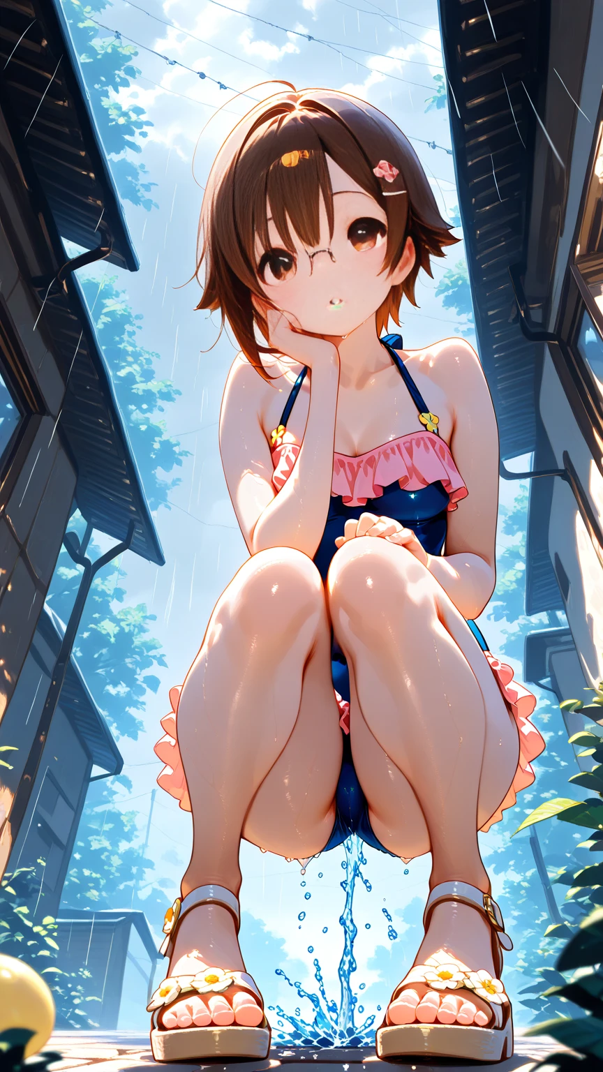spread legs with squatting pose、M-shaped legs、Spread your legs、Sit on the ground、I'm looking away、In town、bustling street、Panties、mini skirt、Private Server、Girl、Girl、Younger、Baby Face、flat chest、Dynamic Angle、smile、Both eyes open、Voyeur style、ground