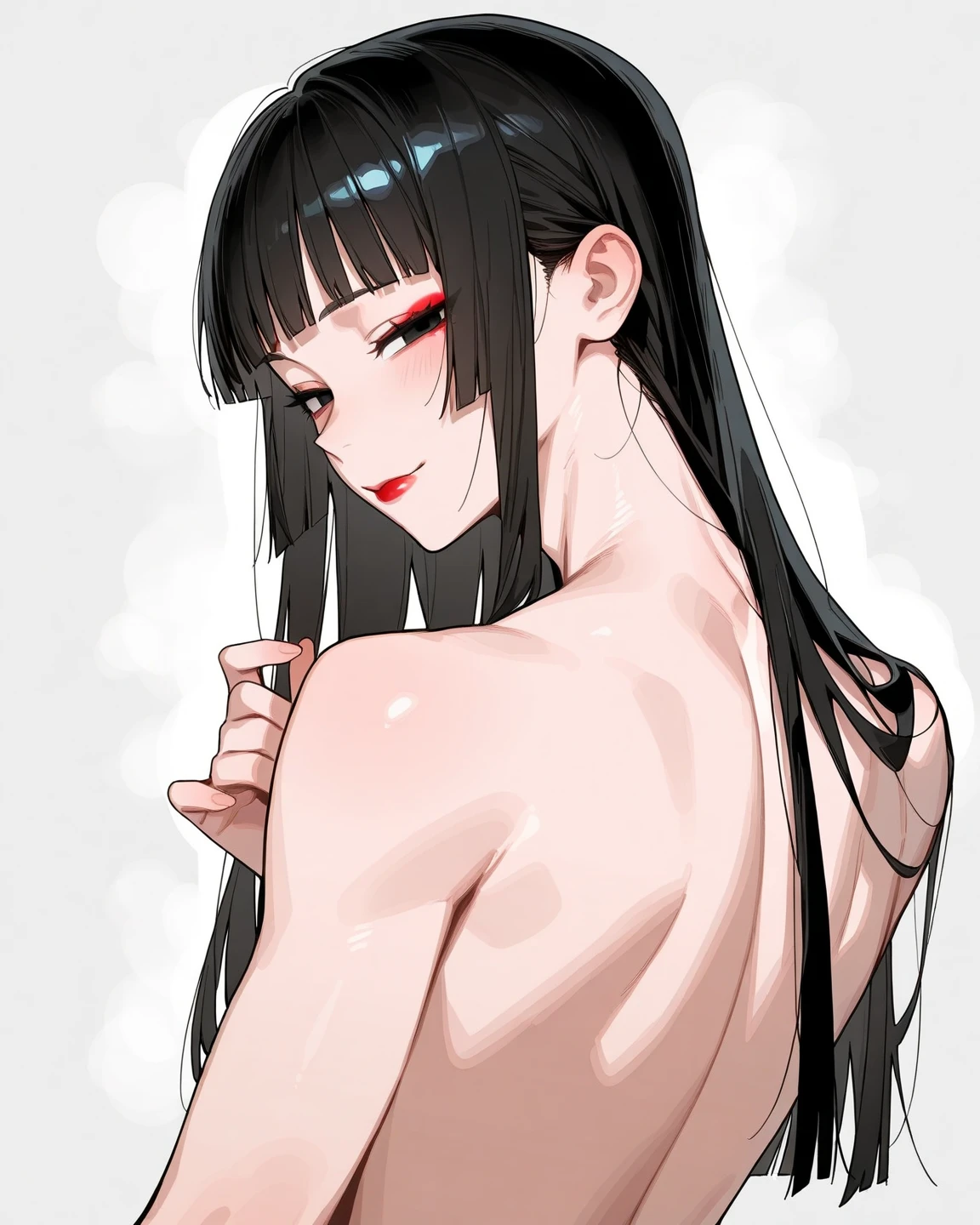 (masterpiece), best quality, expressive eyes, perfect face, a man get transformed into a MILF, solo, surpriced, blushed, black hair, long hair, red baseball cap, brown eyes, (full body), naked, ecchi, nsfw