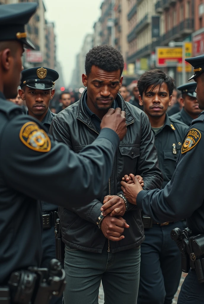 White man being arrested by police officers, while black man is happy
