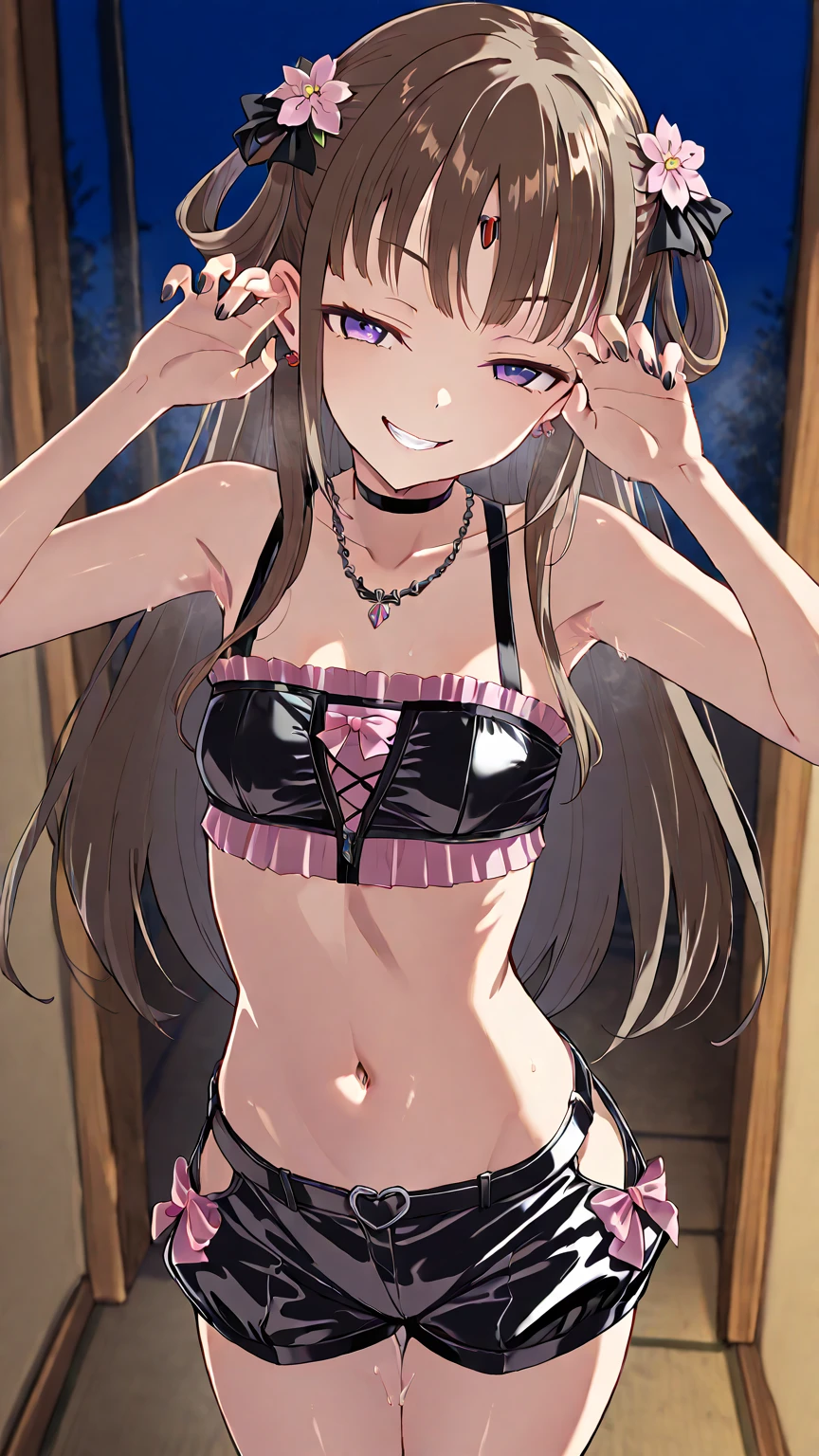 ((32k)), ((best quality)), ((ultra high res)), ((HDR)), ((UHD)), ((extremely detailed CG)), ((unity 32k wallpaper)), closed mouth, standing, purple eyes, swimsuit, bikini, thighs, cowboy shot, frills, indoors, hand up, stomach, white thighhighs, hand on hip, wrist cuffs, maid, maid headdress, bare arms, skindentation, detached collar, side-tie bikini bottom, white bikini, single thighhigh, string bikini, frilled bikini, bridal garter, maid bikini, smile,