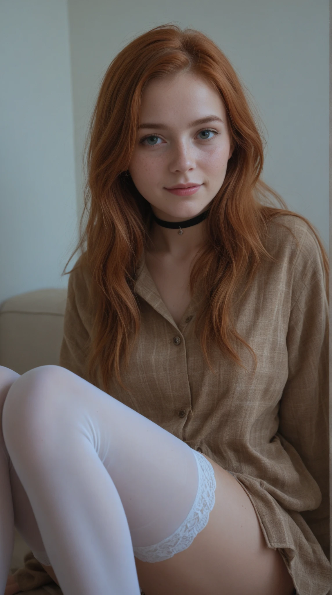 young girl, red-haired woman, blue eyes with light freckles on her cheeks, beautiful, he is wearing a transparent shirt. red stockings, big tits. is in a modernist living room. sits on a white minimalist armchair . Ultra-high resolution, (photorealistic: 1.4), high resolution, (brown eyes), (finely detailed skin), (perfectly proportioned) (photo realistic) (masterpiece) (photorealistic), ultrarealistic (Best Quality) (Detailed) photographed in a Canon EOS R5, 50mm Lens, F/2.8, (8K) (Wallpaper) (Natural lighting) (Convoluted) Fashion