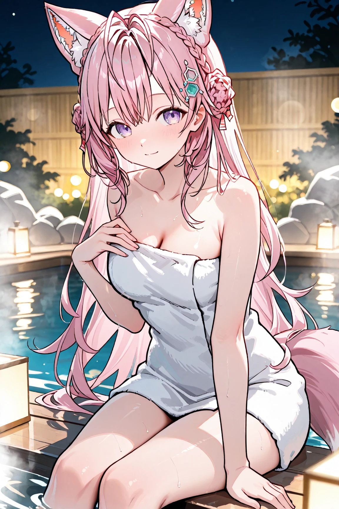 Tabletop, highest quality,shape, wallpaper, Very detailed, Absurd beauty、1 beautiful girl、 Painted、look back、Pink Hair、Medium Hair、Wavy Hair、Big Ass、(((Clear water surface、bathing、A large hot spring made of stone、Night Sky)))、blush、((Wrapping a white towel))、
