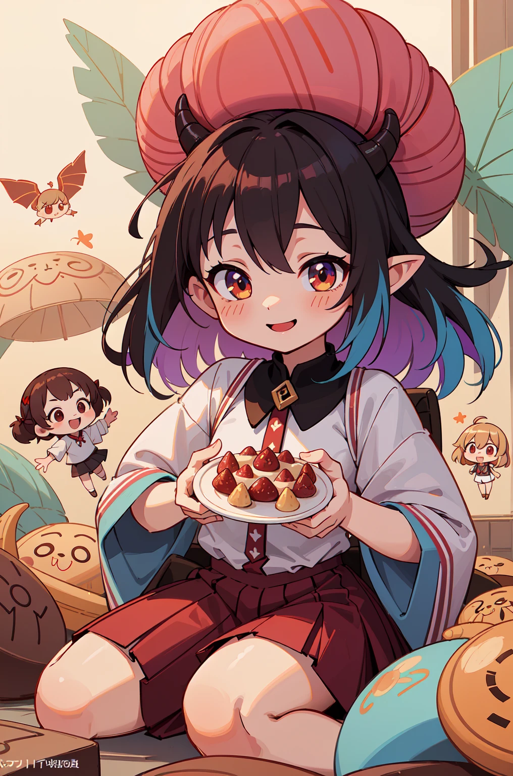 various Chibi girls surrounded by Dragons, panic face🎈🍦🍹❤(