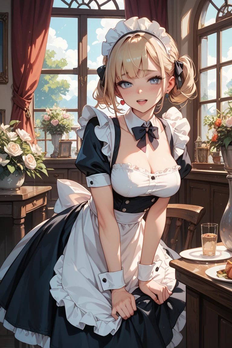 (best quality, masterpiece), (ultra high resolution, 8K RAW photo, photo realistics:1.5, cinematic lighting, textile shading, thin outline, clear focus:1.2), Beautuful Matured woman preparing tea_party in the garden, standing by the round table, serving a cup of tea, leaning forward, (meisen's tea set, tea pot, tea cups, some cakes on dish), delicate and classy French style white table with gold accents and royal_blue, (wearing brown maid uniform:1.5, breast cleavage, maid costume:1.2, long flare skirts, apron, bow ties on the chest), long tall sally, long legs, white hair, (wearing thin-flame glasses:1.2), (milf:1.5, 28 years old, solo), (large breast, sagging breast, big tits, narrow waist), (medium short white hair, hair over one eye, (updo hair:1.2), side lock, asymmetric hair, wavy hair), (fine bright pupils, high detailed eyes with highlight:1.3, high detailed face, Perfect face shape, eye rush), (seductitve smiling, half-closing eyes:1.2), (looking at viewers:1.3), (dutch angle, full body:0.3, from below:1.2), ((correct anatomy:1.5, correct hands)), (ideal ratio of body proportions), (outdoor:1.2, grass field), 