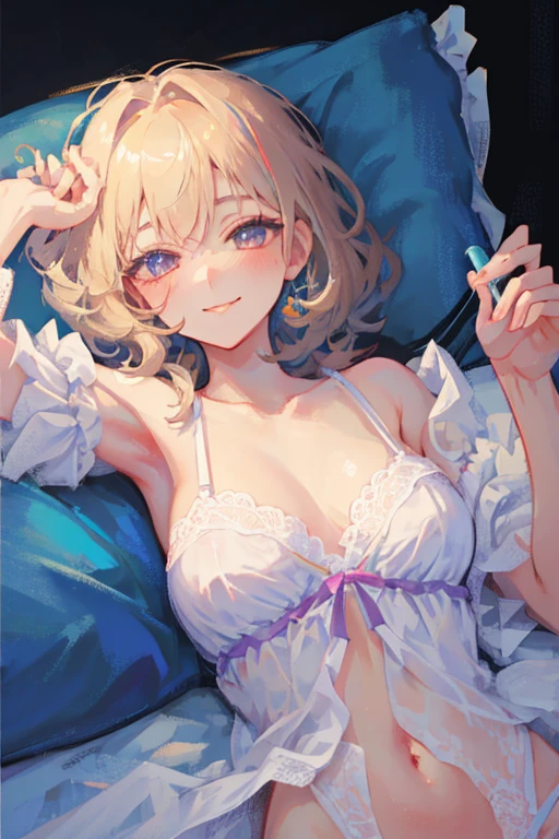 (small breasts:1.2), (perky chest:1.2), (pointed chest:1.2), (vagina and pussy magazine cover:1.6),(from below:1.0),(fromside:0.9),masterpiece, 1girl, Amazing Cleavage:1.1, thin waist, optimum,tmasterpiece,hight resolution,best qualtiy,hyper HD,super detailing,awardwinning,16 K,solo,(full body),anatomy correct,Beautiful cyberpunk girl,Cowboy Shot,cute face,a blond,Longhaire,Twin-tailed,Braids, Hairline,(scarlet eyes),long eyelasher,Hanging eye corners,White skin of the,shoot from the side, ((see through camisole:0.8)), ((Sheer nipples:1.0)),Rocket Tits,(Slim body),smile,seductive weak smiling,(with sparkling eyes and a contagious smile),open mouth, Looking at Viewer,