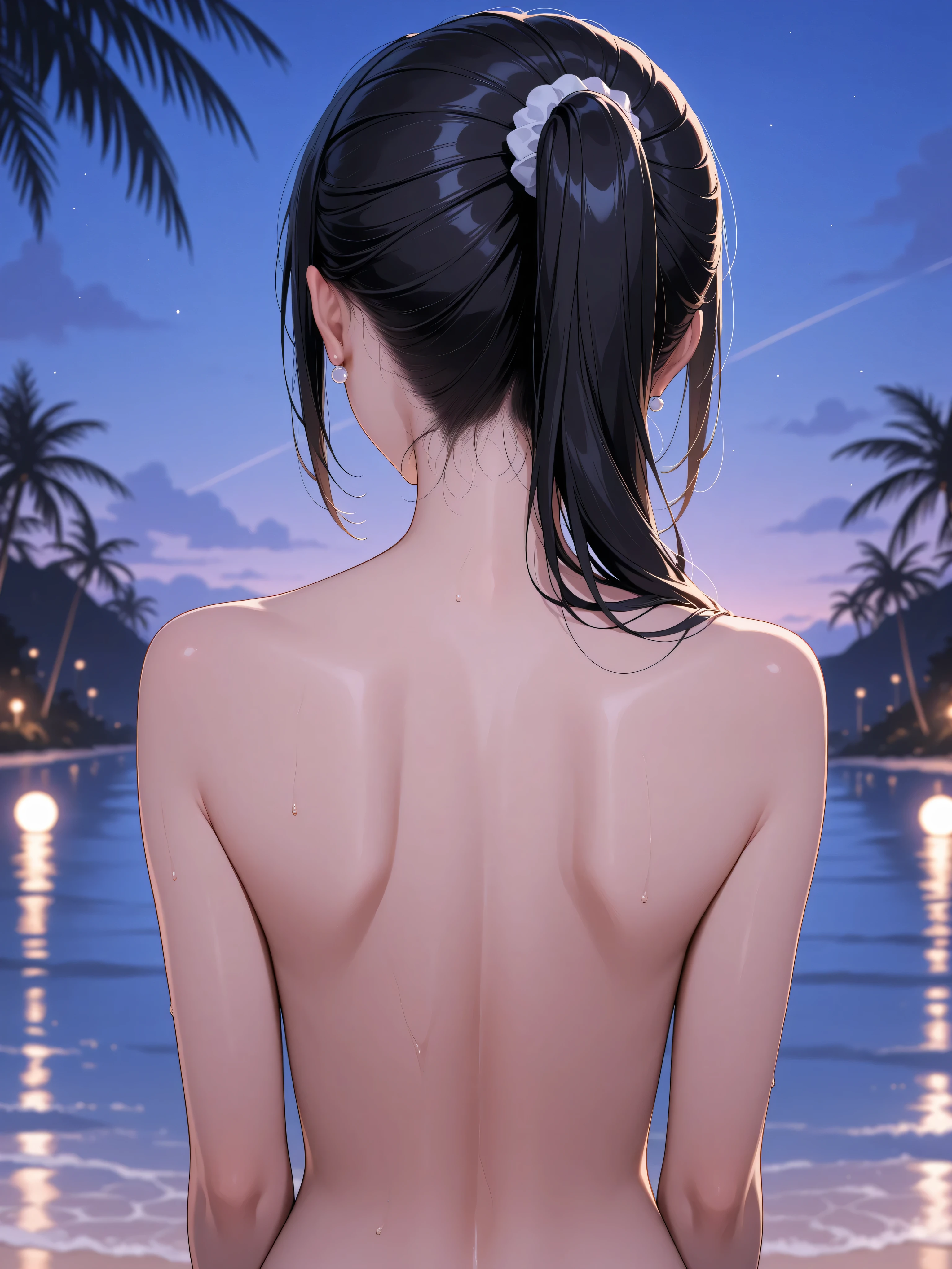 ( high quality), beauty, ponytail , nude、(((Back view、beauty in return))), tropical night,