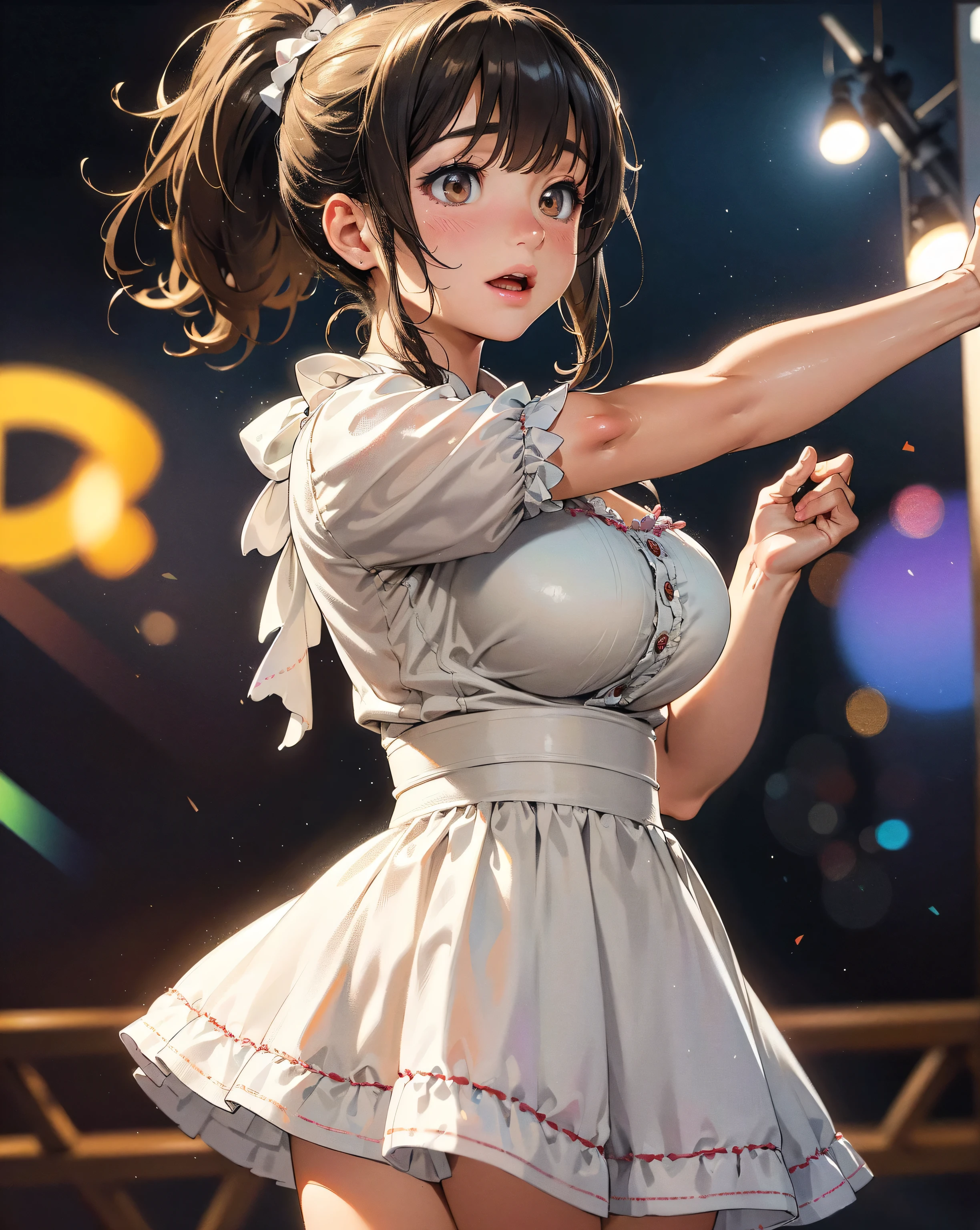 The seven-colored lights are dancing, detailed-cotton-dirndl, warm lighting, beautiful baby face,gigantic-breasts-cute-1girl Singing at a live venue, Ponytail hairstyle, Dynamic pose, golden hour lighting, detailed textures, (best quality,4k,8k,highres,masterpiece:1.2),ultra-detailed,(realistic,photorealistic,photo-realistic:1.37), HDR, UHD, studio lighting, ultra-fine painting, sharp focus, physically-based rendering, extreme detail description, professional, vivid colors, bokeh, Attractive Idol photography、(((全身を写す)))、