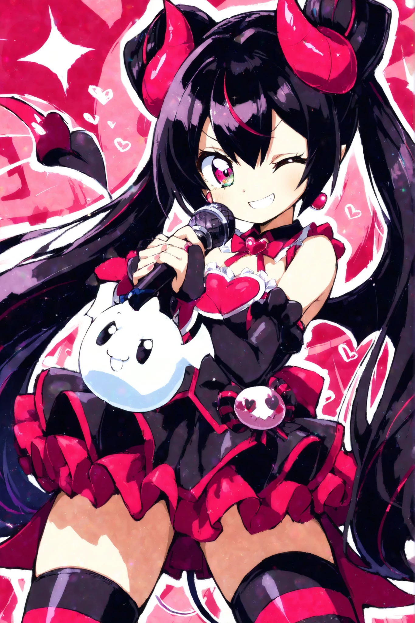 masterpiece, best quality, pastel aesthetic, vibrant, highly detailed eyes, ultra cute little devil girl, chibi horns, tiny bat wings, short frilly idol dress, pink and black theme, striped thighhighs, playful wink, dynamic pose, hearts and sparkles, holding microphone, magical girl transformation, exaggerated proportions, cel shading, bouncy hair, aozora megu (style), yoh yoshinari (style), candy-coloured background