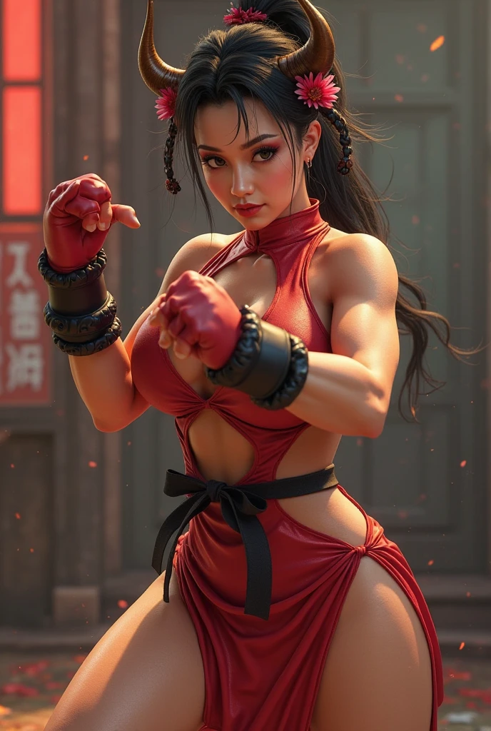 4k, best quality, realistic, detailed, Two women A female karateka wearing a white open-chested gi with a black belt around her waist and a red cloth headband on her head, and another female karateka wearing a red open-chested gi with a yellow belt around her waist, are sweating as they exchange hadouken punches. The air is distorted with intense heat and aura, and energy is gathering around the fists that are about to be unleashed. Serious expressions. Muscular arms and legs. Huge breasts. Her breasts and nipples are spilling out of her dogi.