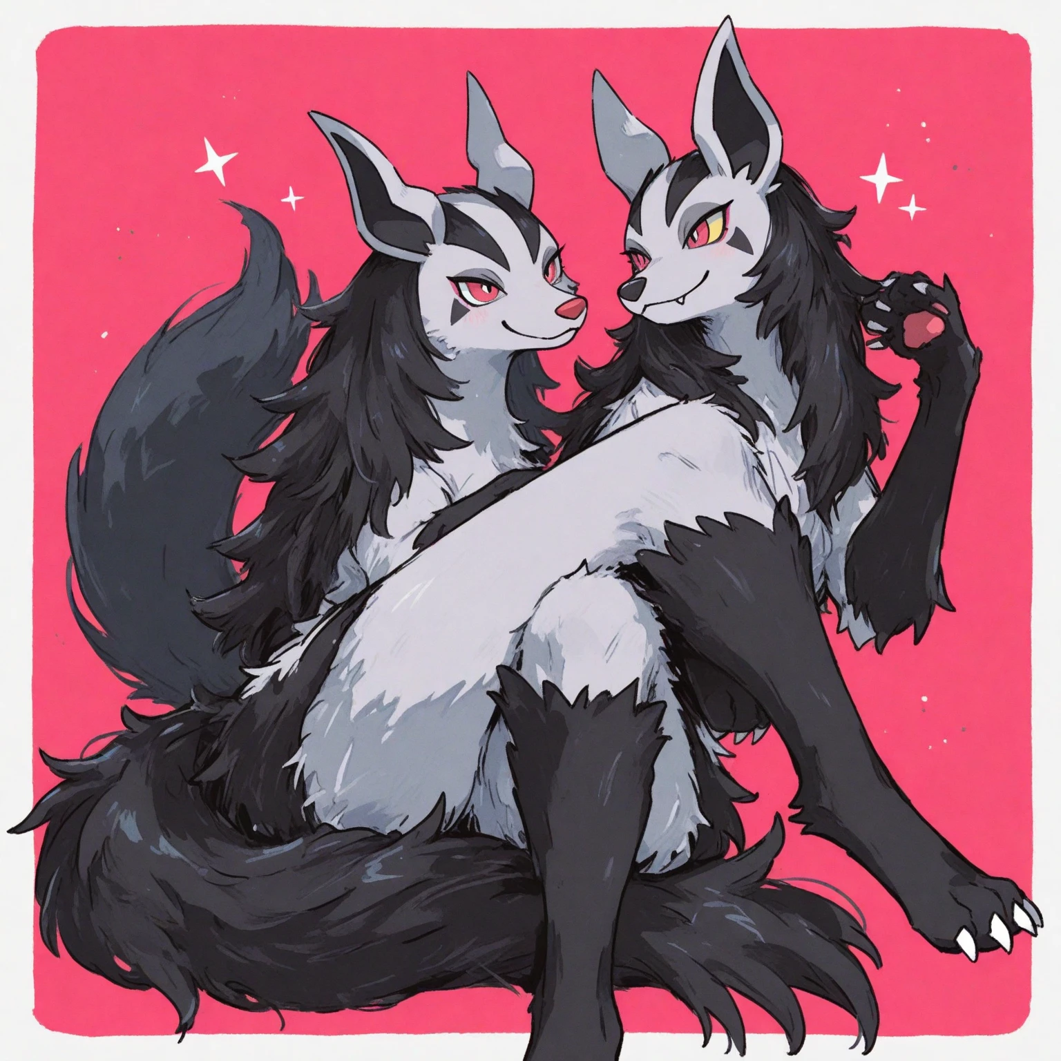 score_9, score_8_up, score_7_up, Emote, high quality, high res, highly detailed face, white background,
furry, eyeliner, eyelished, femboy, kemono, black eyeshadow, long hair, wavy hair, collar, shota, head tuft, shoulder tuft, chest tuft, fluffy, shirtless, looked pleasured, disheveled, black lipstick, seductive, teasing face, cute fangs, nipples, hair over shoulders, 1girl, 1boy, female lycanroc, red fur, ((breasts)), vagina, by eto_ya, ((cowgirl position)), penis, ((male purple lynx)), male/female, duo,