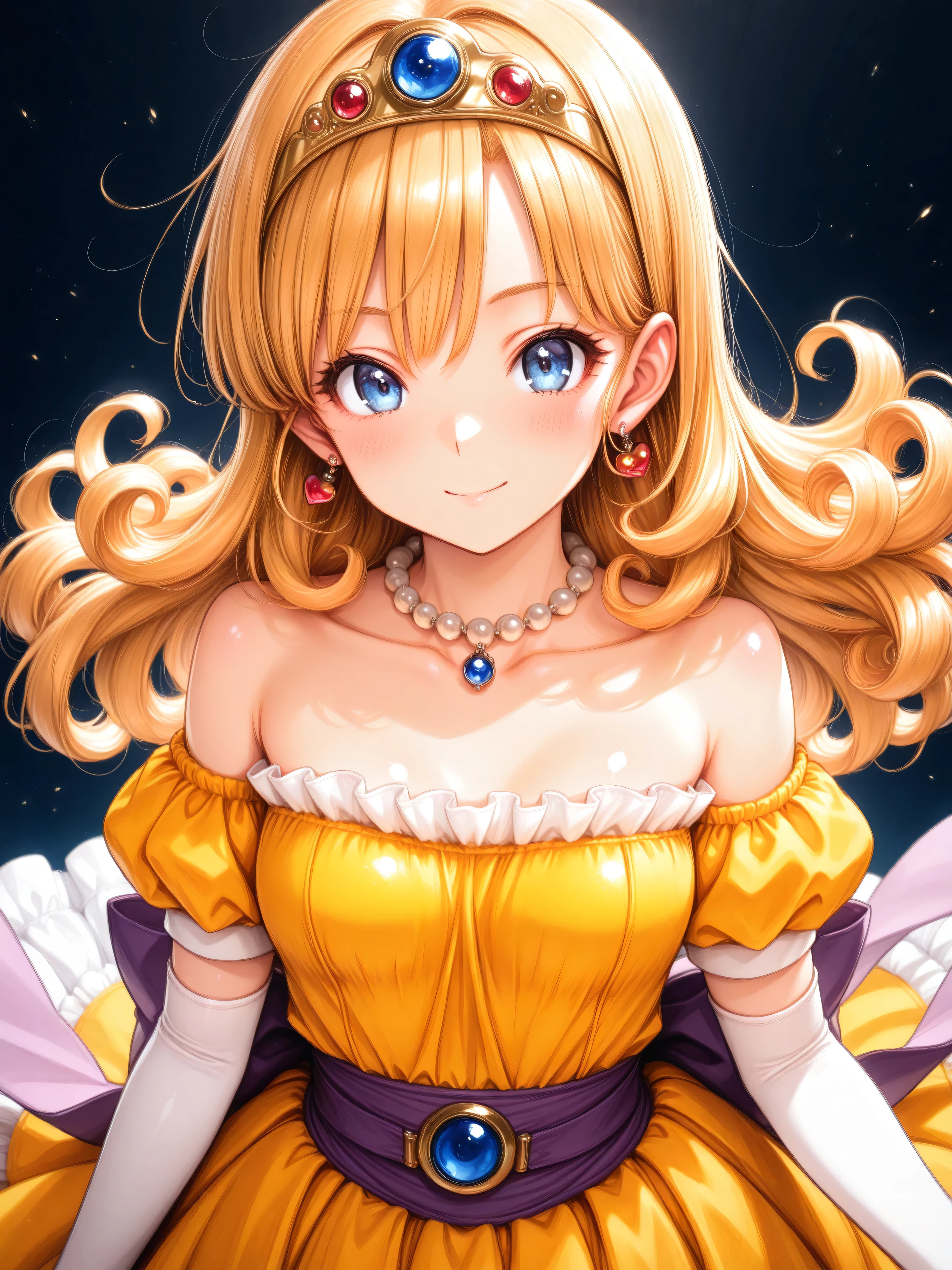 (Super Detailed),upper body up、Prairie
(masterpiece),(top quality),anime 、pastel colors,anime,shiny skin,Dragon Quest,Lola,Princess,detailed and beautiful blonde hair,long hair,curl hair,unkempt bangs,bangs between eyes,Tiara,hair ornament,Floating Hair、beautiful blue eyes,Lashes,詳細で美しいgem,gem,ear piercing,detailed and beautiful collarbone line,detailed and beautiful bare shoulders,medium chest,Detailed beautiful clavicle,
heart earrings,Braly,青いgem,Pearl Necklace,long sleeve,white gloves,elbow gloves,puffy Short Sleeve,Puff Sleeves,Short Sleeve,juliet sleeve,yellow dress,dress,frilled dress,belt,waist ribbon ,purple waist ribbon ,long skirt,purple footwear,long skirt,1girl,solo,pompom skirt,