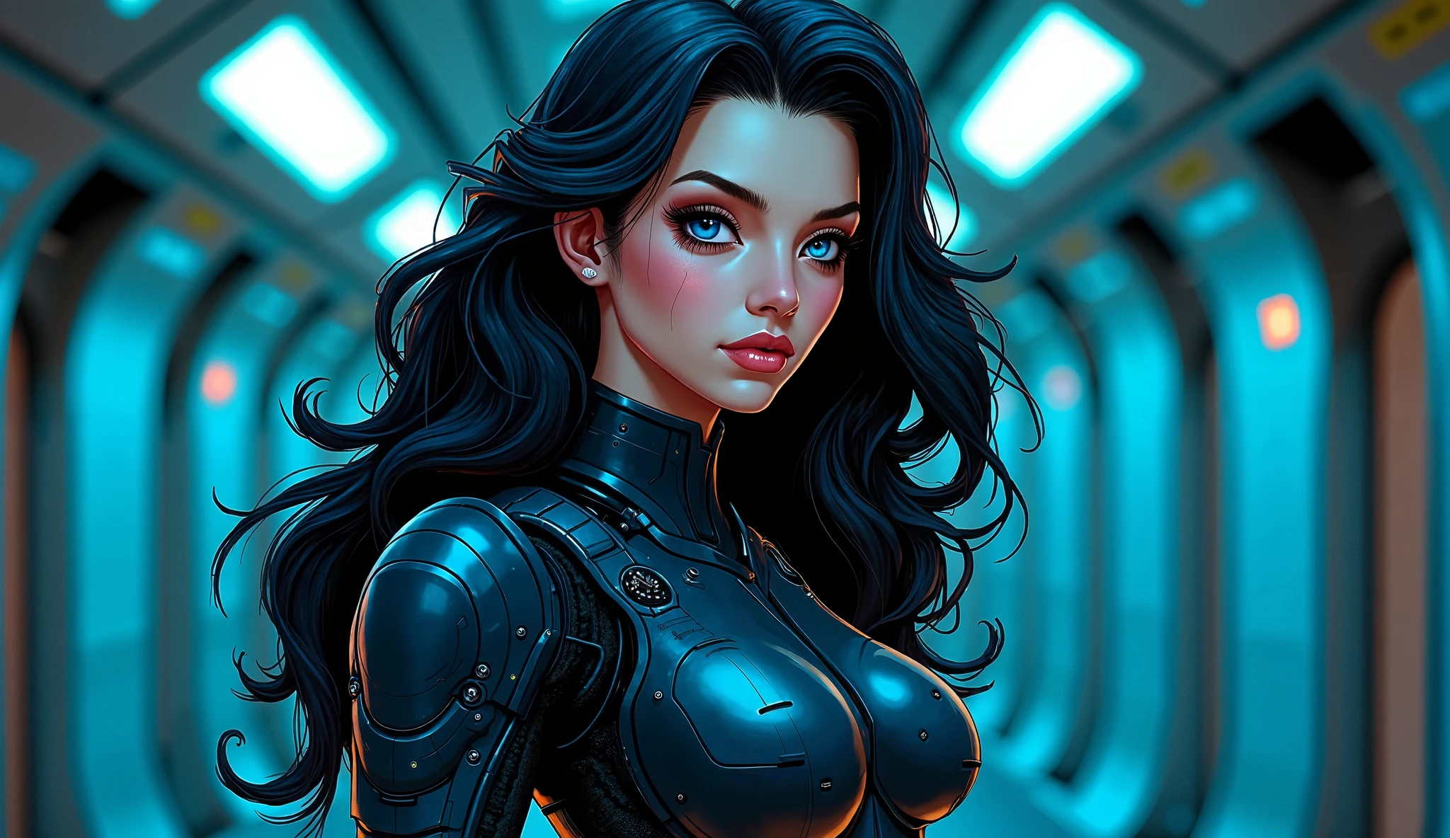 Best quality, 8K, woman space retro futurism, beautiful and detailed face, black straight long hair, bangs,big eyelashes,LOOKING TO observer,black bodystocking, sci-fi RETRO SPACESHIP scenario