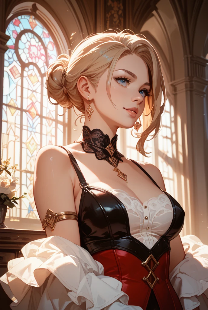 beautiful lady wearing a wrecked Victorian  dress, surrounded by antiques, gaslights, masterpiece, best quality, 8k  smirk, sultry look, seductive, 