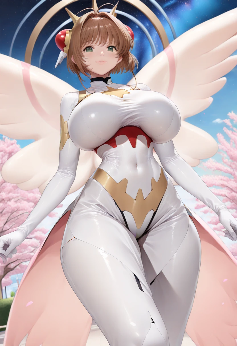 1girl, large breasts, breasts, thick thighs, wide hips, pink hair, very short hair, hair ornament, ornament, headphones, blue eyes, white bodysuit, bodysuit, futuristic, science-fiction, tech, machinery, angel wings, wings, thigh strap, cutout, cleavage, serious, cameltoe, cowboy shot, ((cowboy shot))