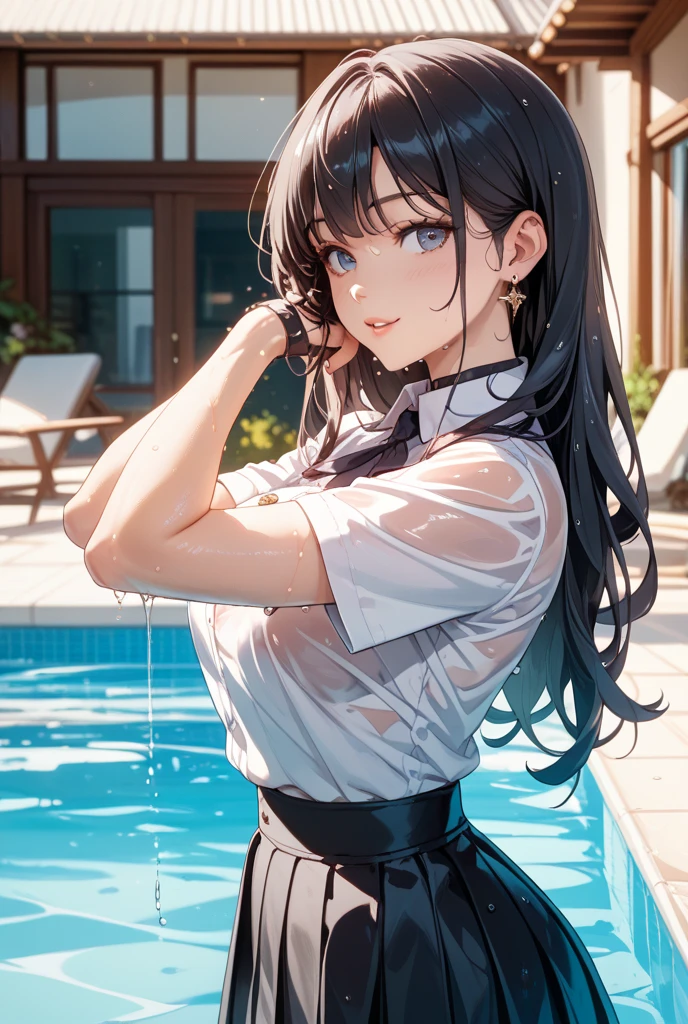 masterpiece, best quality, extremely detailed CG unity 8k wallpaper, Woman in colorful bikini swimsuit, 18-year-old, Pool, Vacation, On the surface of the water, he lies on his back on a swim ring and looks up at the sky with a comfortable look, Dazzling sunlight, Lens flare, Octane Rendering Style, Overall particle light, Crystal clear seawater, Realistic representation of water, Bokeh, Daytime, Outdoor
