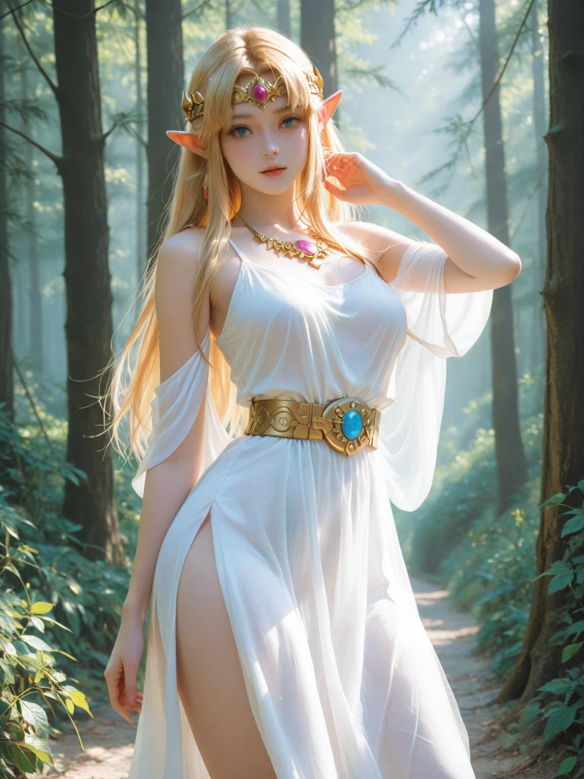 Princess Zelda in ethereal regalia, bathed in soft golden light, her serene gaze hinting at hidden power.
