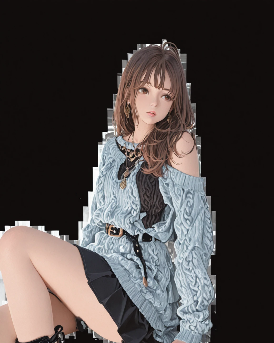 Adult woman in photo sitting on the ground with arms crossed, Dark CG Art, 、Colossal tits、The is large、Age is 25 years old、Seductive real woman, Attractive realistic woman, render of april, Woman crouching beautiful photo, Casual pose, Moe Art Style, small curvy loli, neutral pose, by Shitao, Beautiful photo woman、Warp Sweater、Gray spats