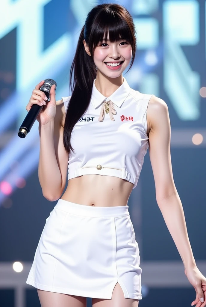 large drooping chest、Creamy and wet、smile on face、Perfect girl body、独奏、Big Body Set((K-pop Idol))(Heart)((You're on stage(Live action))Angle from below:A low-angle、badges、nametag、ribbon from、Mole、camel-toe、(miniskirts)pantiy、super gigantic breast