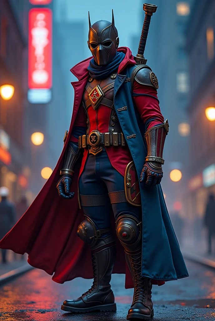 1girl, superman, abs, bara, brunette, blue tights, blue eyes, tights, cape, shut up, crossed arms, big boobs, male focus, muscular, muscular man, pec lift, pecs, red cape, long hair, outdoors, skyscraper, solo, superhero, upper body, ((Masterpiece))