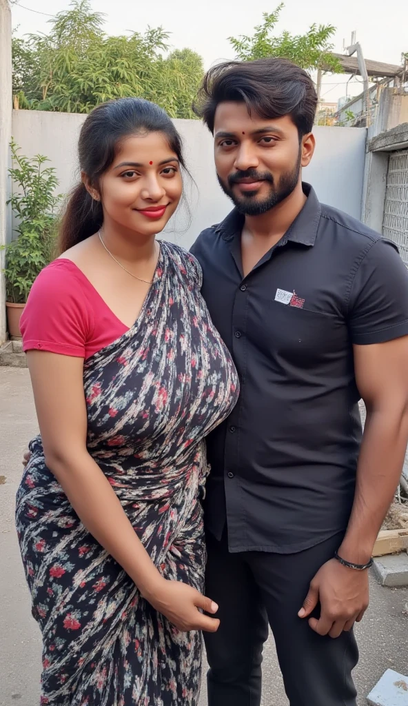 Newly wed couple, hot curvy south indian thick milf with long black hair, big breast, big hip, big ass, thick thighs, woman wearing saree, indian couple, very short brown man with buzz cut, very big muscular body and beard, man wearing shorts, woman with man, couple in a big villa, high resolution, looking at camera, tall woman and short man, close-up potrait, Closed Mouth, 