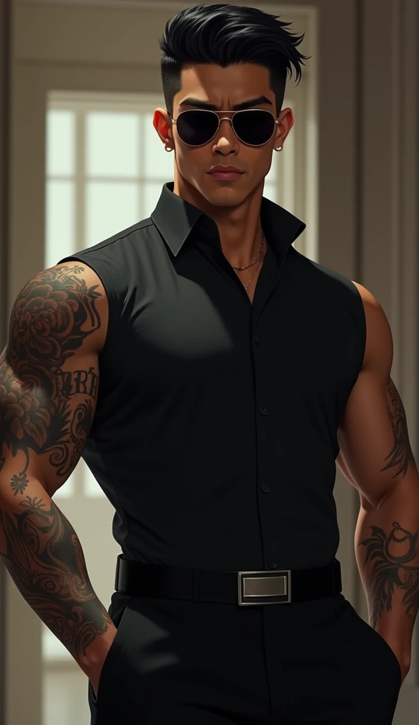 AI design High quality imvu drawing of a young muscular man with goatee with “ruy” tattoo and other tattoos bedroom background