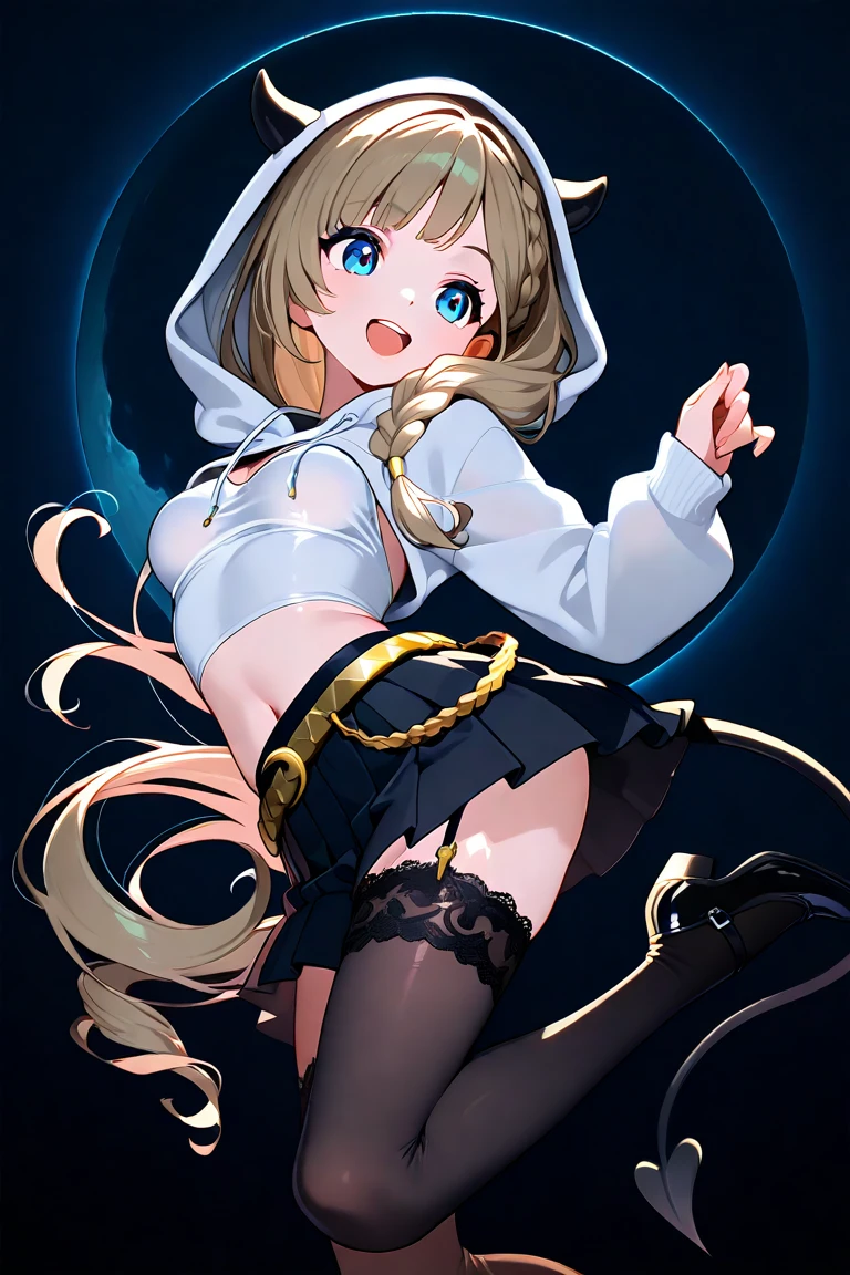 ​masterpiece, top-quality, Highly detailed, masutepiece, 8-year-old girl, Lori, Chiquita, Happy expression, 
hide your belly button with pantyhose, Pantyhose over shorts, pantyhose up to navel, 
The inner is a high neck body stocking that only shows the chest., 
details in clothes, Folded denim shorts, Short sleeve jacket with rolled up sleeves, 
Puffy nipple, Small, Cute legs,Slender tummy,  
brown long gloves, plain black choker, Blue Beret, 
mid blue long hair, Attractive red eyes,
