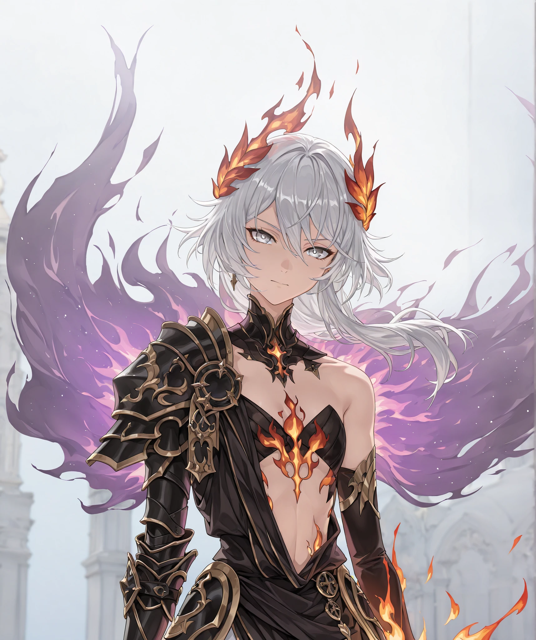 (upper body focus, portrait, close up shot:1.22), dynamic pose, three quarter shot, looking at viewer, mature, 1girl, solo, mature, masterpiece, best quality, amazing quality, very aesthetic, high resolution, ultra-detailed, dramatic lighting, absurdres, arrogant expression, head tilt up, jawline, scenery, golden aura, golden flames, white flames, (Senti, Herrscher of Sentience, FuHua, Fol005, Fh_Hos:0.73), flat chest, white hair, white eyes, gray eyes, silver eyes, carapace, shoulder cape, centurion, exposed stomach, asymmetrical clothes, exposed shoulder, dark red and black fantasy armor, black dress with golden trim, gold accents, (synthetic armour, nanoweave:1.14), (greco roman dress, greek dress:1.4), wielding greatsword, bloody red scimitar, warrioress, priestess, laurel crown, glowing cape, cosmic weapon, asymmetrical clothes, SSR Gacha character, villainous, ornate clothes, (flame sword summons, cosmic sword:1.6), astral sword, deep blue purple pink and gold sword,