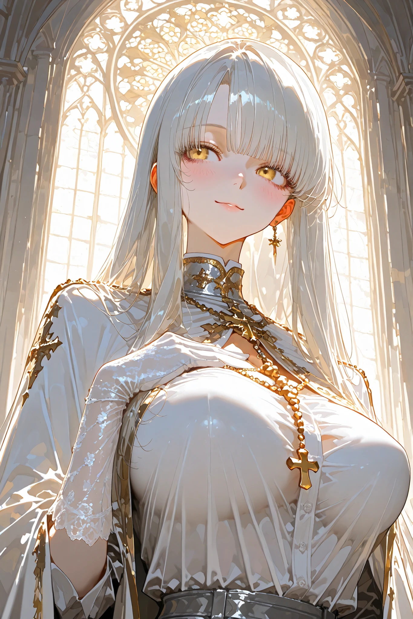 Masterpiece, Highest quality, Solo , (Perfect face:1.1), (High detail:1.1), Dramatic, (1 person), Pale skin, (Long pure white hair:1.4), White eyes, Otto Sepalainen, Solo, Long hair, white luxury suit, covered navel, snob, albino, pouty lips, Devil magician, voluminetric lighting, Detailed eyes, Cinematic lighting, ultra - detailed, intricately details, overwhelmingly pixel perfect, rosette, Fashion, Seductive pose, Balenciaga style on the side large chest