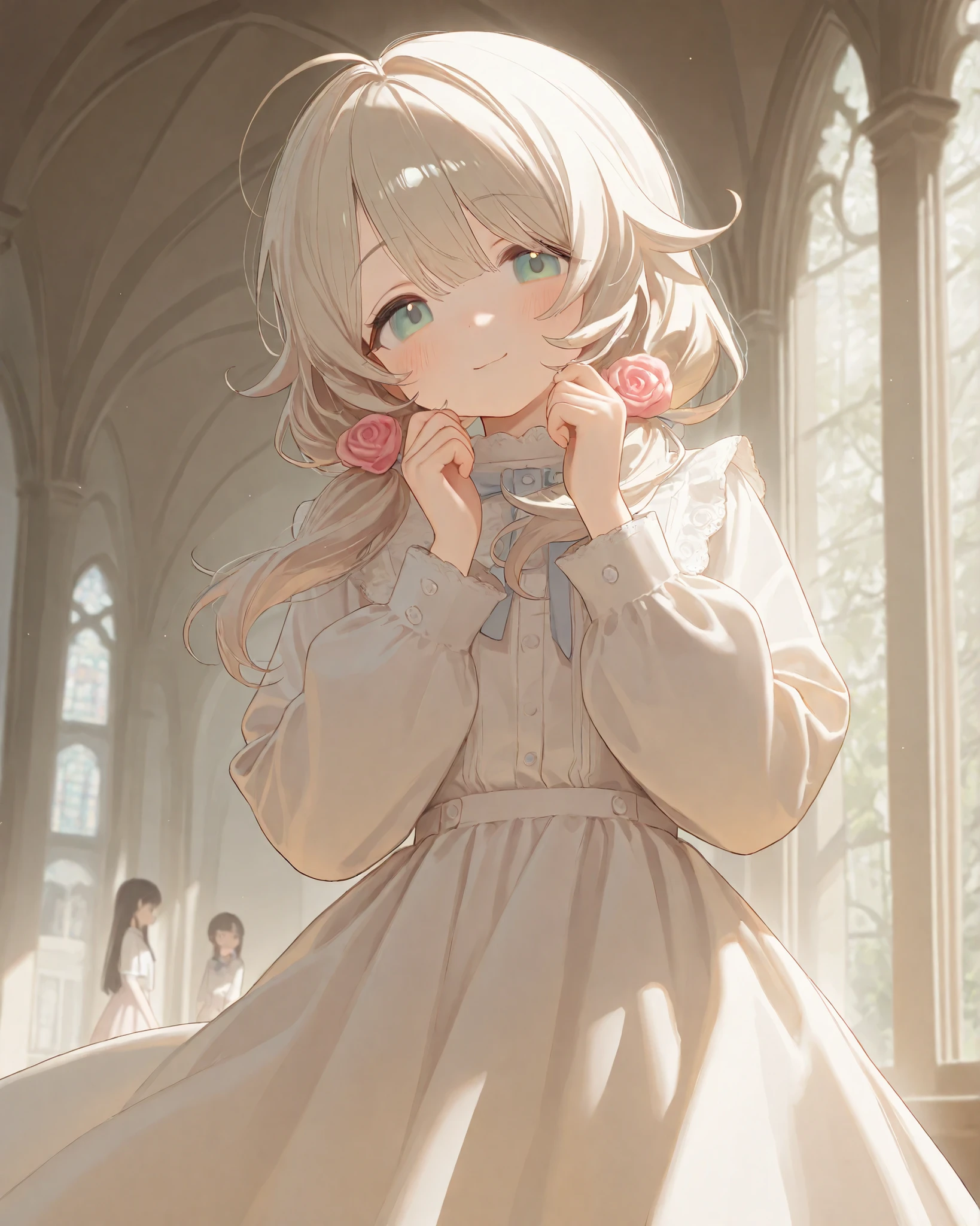 girls , yusa kozue、High Quality, masterpiece, 4K, 8k, High Definition, , High Definition, 超High Definition, ,,natural light,、Mellow、 、Embarrassing、upper body up、 looked over here 、、、、white blouse、skirt、church、、I held a pink rose、Smiled、