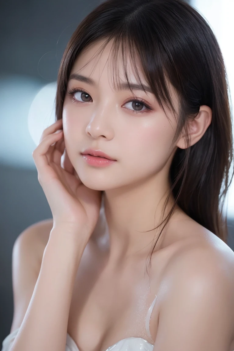 Hair、Delicate face、Sexy red lips,And the long eyelashes on the bright eyes,She has a slightly cold temperament