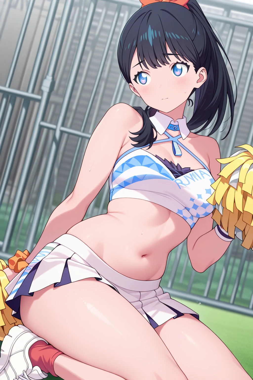 1.Woman naked, condom in pussy, cum, micro bikini, embarrassed smile 1.Sweat on face Front Focus on face Small breasts Short hair Nipples Naked Black hair Standing Naked Sexy body Cheering Squat Hands behind head Cheerleader Pompoms Seaside 
