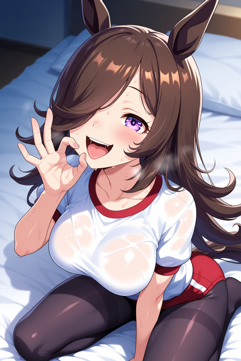 Nobara kugisaki,nude, sexy, kneeling on bed,blowjob,look from top, looking at viewer,sucking penis,large breasts, nipples, bed ,smiling,choker, pierced nipples,high res,high quality, masterpiece, orgasm face, exhausted facr,half open eyes ,lipstick,cum on face,sperm on face,red nails,tongue out,hand on penis,mocking,pierced nipple,messy hair , squeezes dick, squeezes penis,messy hair falls into eyes and blocks view,hair falling into eyes,very messy hair,heart tattoo on breast,text bubble