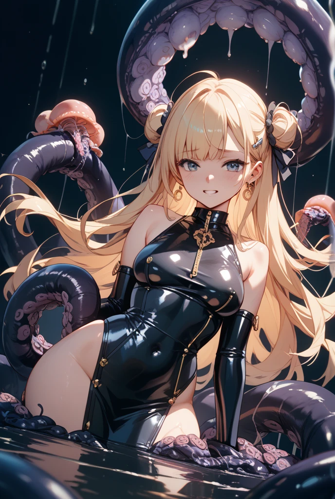 Long body、sun burn、The sword、s Armor、huge tit、armor、a blond、Brown skin、Tight、Lace Leggings、Lace fishnet stockings、Vivid、Angle from below、The sheen、Glittering eyes、Gloss、single ponytail、Open back、Black lace pattern、Dig into the buttocks snugly、Intricate and delicate decoration、inner colored、Cleft in the crotch、Grinning face、Embarrassed face、Red cheeks、red blush、Lace Bodysuit、Being attacked by tentacles、Tentacles are growing from the body、Tentacles and assimilation、Monsterization、Blood vessels stand out
