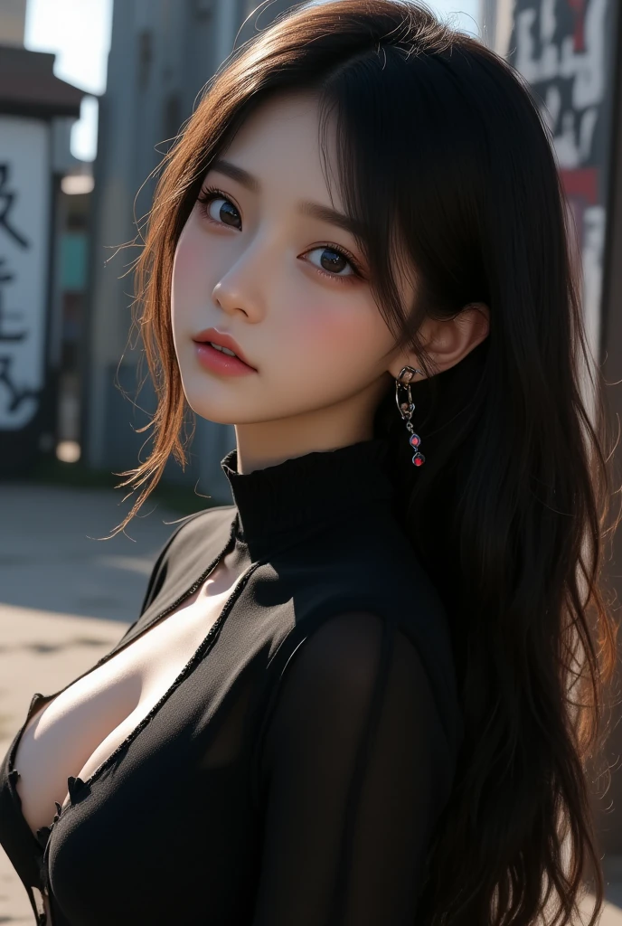 Best Quality Detail:1.2, realisitic, 8K UHD, hight resolution, 1girl in:1.2, The ultra-detailliert, High quality textures, intricate detailes, detaileds, Very detailed CG, High quality shadows, Detail Beautiful delicate face, Detail Beautiful delicate eyes, depth of fields, Ray traching, Women over 24 years old, Pretty Kpop Girl, Korean Urzan Face:1.1, Slender face, ulzzang -6500-v1.1:0.6, pureerosface_v1, gloweyes, teak, Glossy lips, perfectbody、Enchanted look、((a smile))、cleavage of the breast、doress、Gothic lolita、Hostess、Slouched、Photorealsitic:1.4, ultra-detailliert, photos realistic, Full Color RAW Photos, Fuji Film(Medium format:1.2), Incredible dynamic range photography(UTIL_Art by Smoose-768:1.1), hight resolution, High pixel count, clear details, crisp image, Natural color reproduction, Noise Reduction, High fidelity, qulity, Software Improvements, Upscaling, Optimized algorithms, Pro-level retouching、(((Shibuya、Night city、Cabaret Club)))