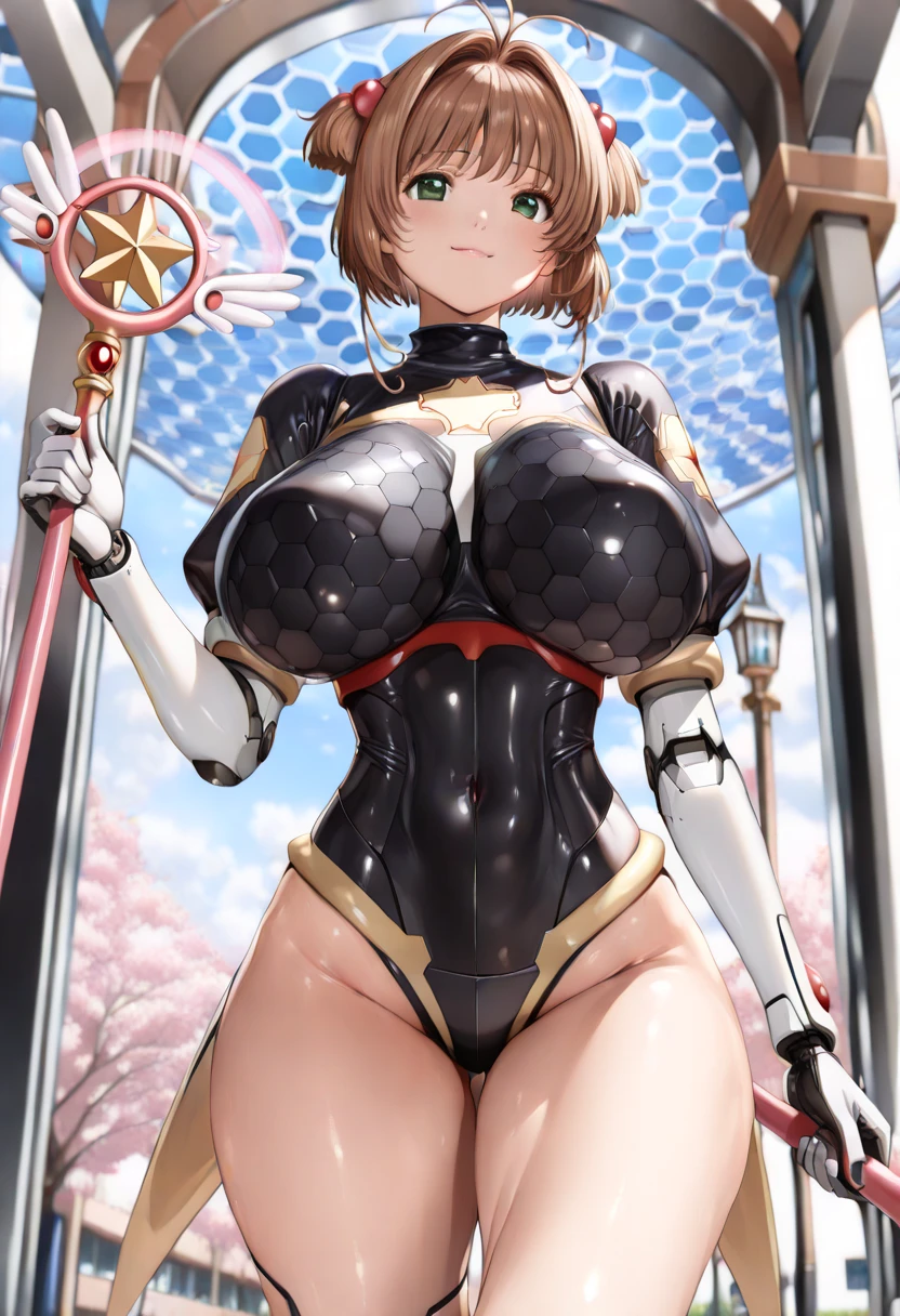 Yellow translucent armor,Arm mecha,Short pink hair,Wavy hair style,Large Breasts,cleavage,Pistol hanging from waist,fighter pilot,fighter hangar,sexly,Lipstick,Gray eyes,stockings,Short skirt,Smile,Red glasses,earrings,lipstick,Nipple showing