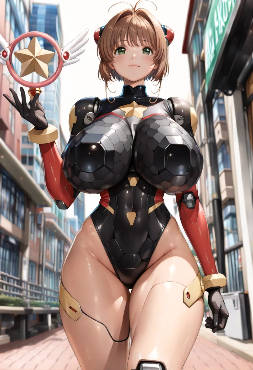 (((best quality))), (((high resolution))), (((masterpiece))), ((ultra-detailed)), (illustration), ((an extremely delicate and beautiful)), ((super detail)), (((20 years old))), ((adult)), (((tall))), gleaming skin, shiny body, breast focus, (((((ultra-huge breasts))))), elegant smile, ((big round eyes)), cute eyes, drooping eyes, two hands, five fingers, no extra hands, two legs, slender legs, ((biopunk)), ((metallic cloth)), (android), gynoid, delicate metal decorations, (medium length hair), (hair shorter than shoulder), braid, pony tail, ((midriff-baring outfit)), (shining brightly), daytime, city, (pink blond), ((metallic blue)), (latex), camel toe, soaking wet, pussy juice, (((bare legs))), (cybernetics), ((mechanical body)), (cheerleader), (maid), ((topless)), erotic, seductive, (nsfw), cyberpunk,