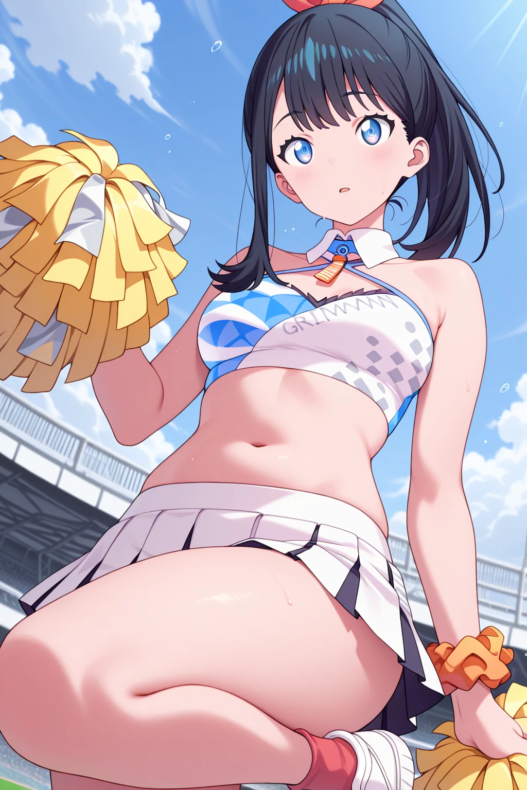 masterpiece, best quality, beautiful art, high resolution, well formed hands, body and fingers, 1 woman, solo, Tamako Aki,big breasted, cleavage, full body, , wearing a Mata Hari outfit, sexy and skimpy arabian belly dancer outfit, sexy arabian belly dancer, long  hair, hair ornament, gorgeous legs and thighs,  she is fighting in a combat match at a martial arts tournament, she is getting ready to fight, making her guard pose, action and fighting scene, about to hit the viewer, looking at the viewer, sweating , feeling confident and proud, smiling joyfully and happily, charming her opponent with her beauty, bouncing  breasts, fighting scene, martial arts tournament on the beach 