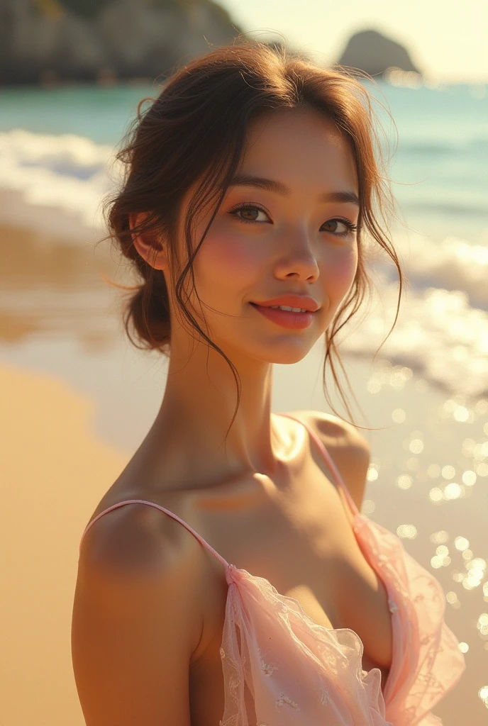 “A stunning Japanese woman with facial features resembling those of Masami Nagasawa, focusing on her serene and elegant face with almond-shaped eyes, soft high cheekbones, and a warm, inviting smile. Her skin appears lifelike, smooth with a natural glow, as if illuminated by the soft light of the setting sun. She is wearing elegant lingerie with delicate lace details, perfectly complementing her figure. The background features a tranquil ocean with gentle waves and a warm, golden horizon. The scene is realistic, with the sunlight reflecting off the water and casting soft shadows on her skin, highlighting her natural beauty in this serene seaside setting.”