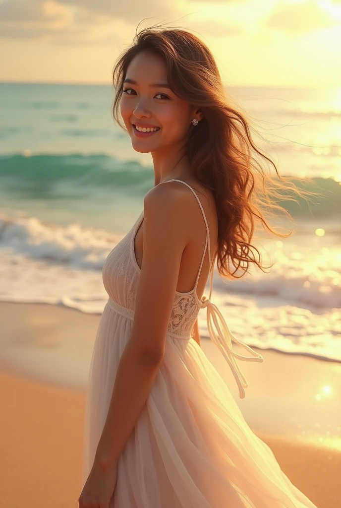 a 19 year old girl with a striking appearance. Medium breasts and brown hair fall in soft waves to shoulder length, shining under the light with golden reflections. Seus olhos pretos, deep and expressive, contrast beautifully with your fair skin. She has an average height, with about 1,65 metros de altura, and a slender, graceful figure. His smile is warm and endearing, brightening your face and revealing a friendly, approachable personality.