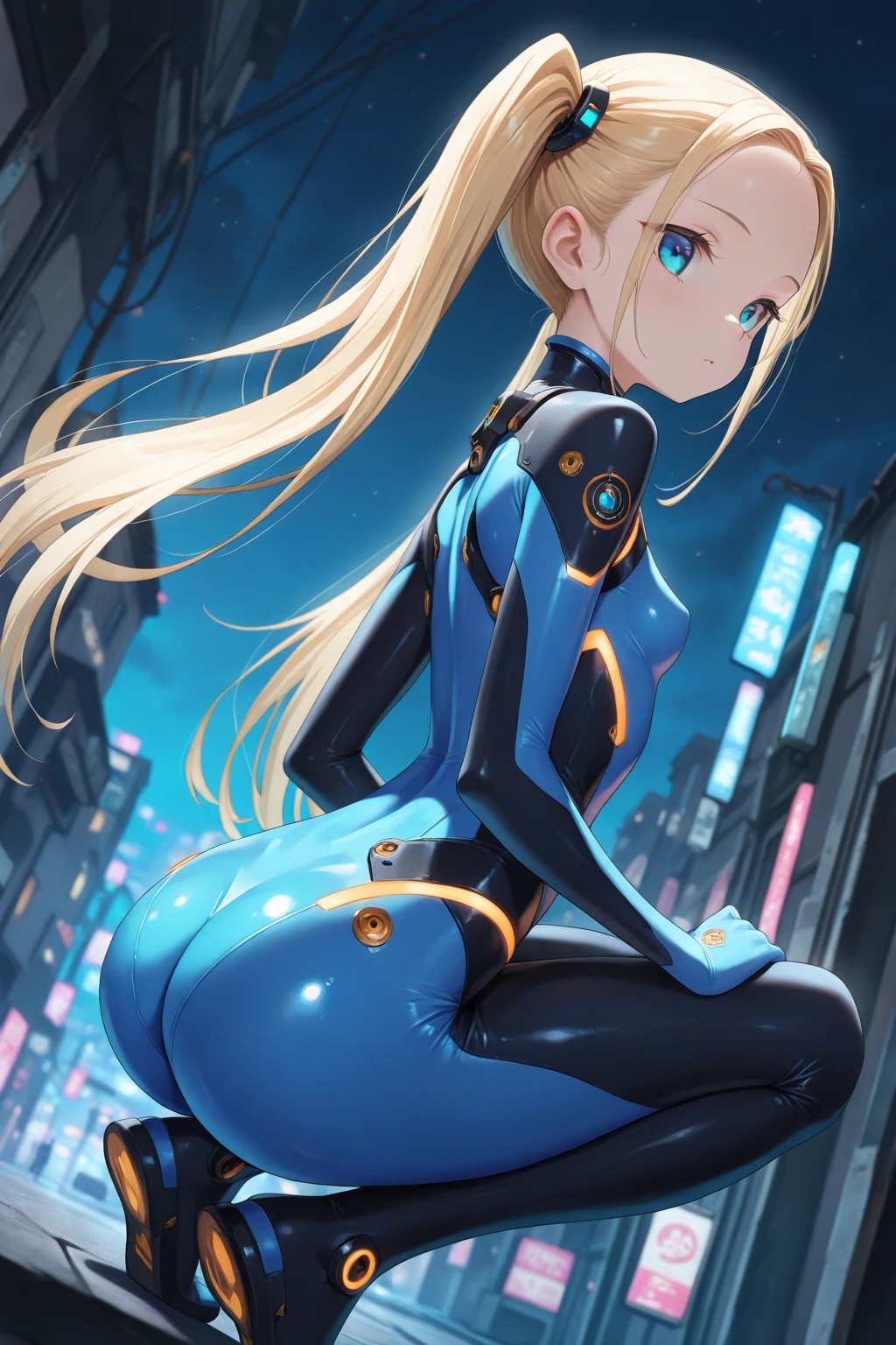 (masterpiece), best quality, expressive eyes, perfect face, highres, (8k), (perfect face), (ultra details), 1 girl, solo, samus aran, ponytail, hair tie, blue gloves, blue bodysuit, body-tight suit, spacecraft background, sitting, on the floor, knees up, portrait, looking at the viewer